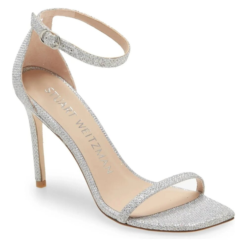 $500 STUART WEITZMAN Nudistcurve Ankle Strap Sandal SILVER CRYSTAL 7 (DC13)